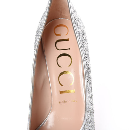 Gucci Nappa Silk Glitter Removable Crystal Heart Pumps 38.5 Argento 9 of 11