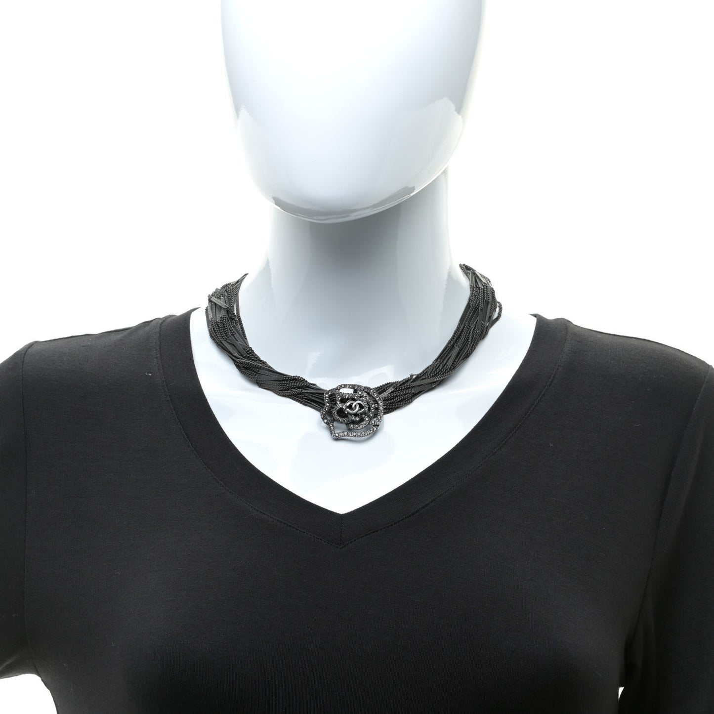 Ruthenium Crystal CC Camellia Multi Strand Necklace Dark Grey