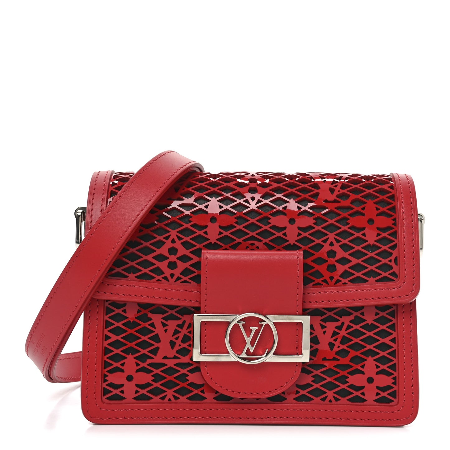 Patent Calfskin Monogram Lace Dauphine Mini Red