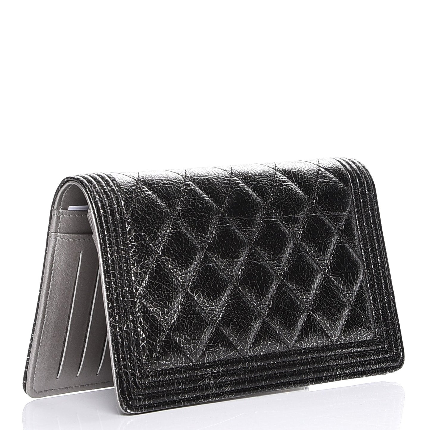 Metallic Calfskin Quilted Boy Yen Wallet Dark Silver