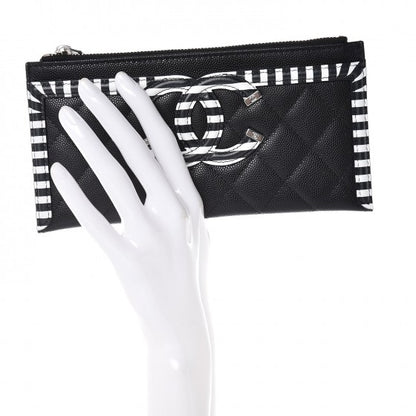 Chanel Caviar Quilted Stripe Filigree Zip Pouch Black White 3 of 9
