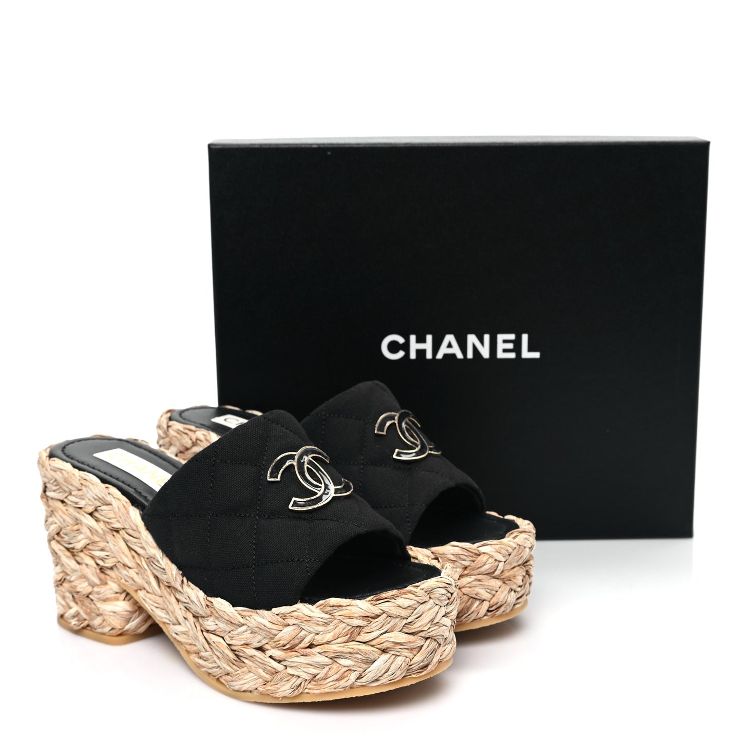 Canvas Raffia Wedge Sandals 38 Black