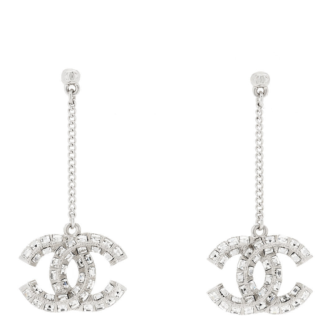 Chanel Baguette Crystal CC Drop Earrings Silver 1 of 4