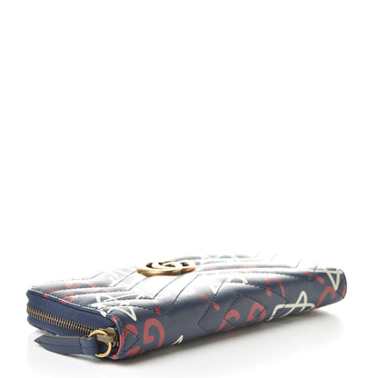 Gucci Calfskin Matelasse GucciGhost GG Marmont Zip Around Wallet Blue Agata Hibiscus Red 4 of 8