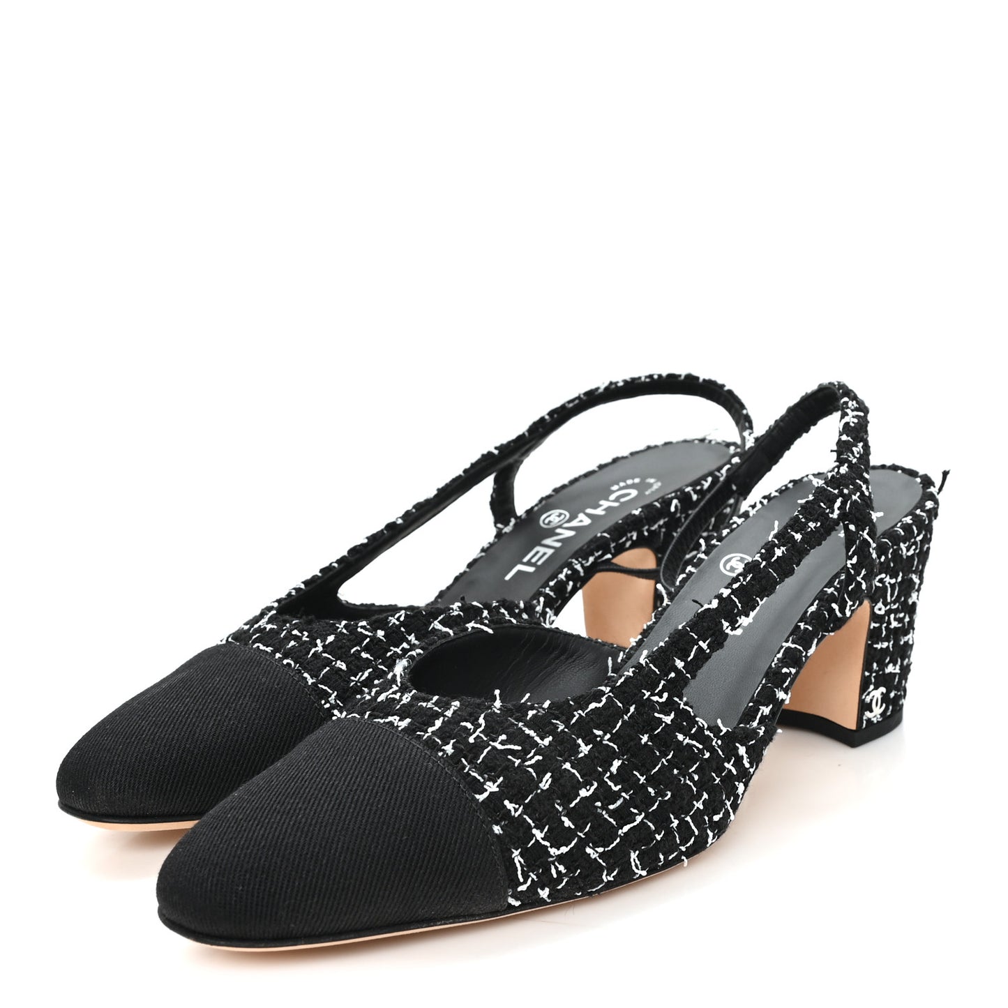 Tweed Grosgrain Cap Toe CC Slingback Pumps 38.5 Black White