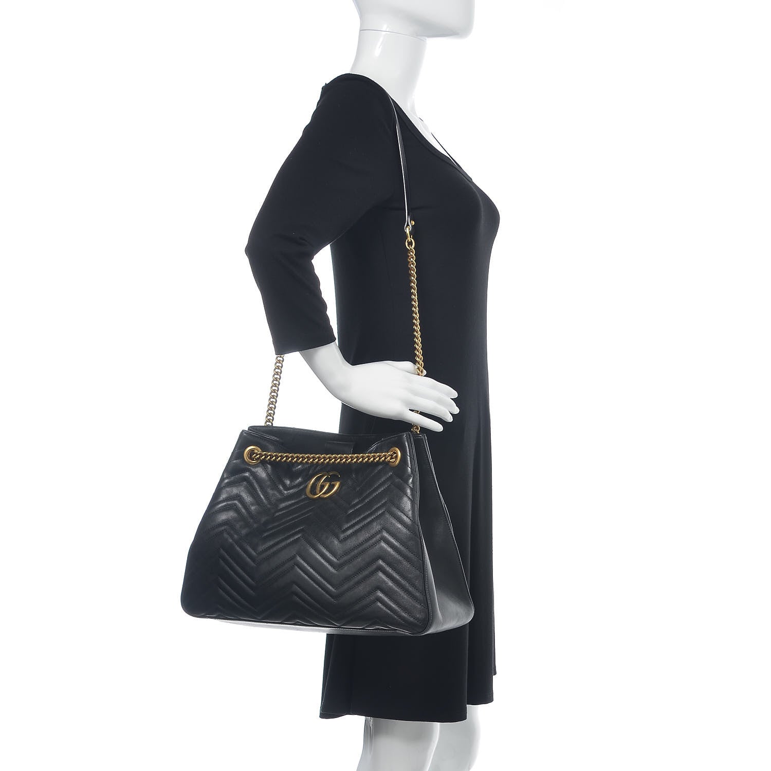 Gucci Calfskin Matelasse Medium GG Marmont Shoulder Tote Bag Black 2 of 11