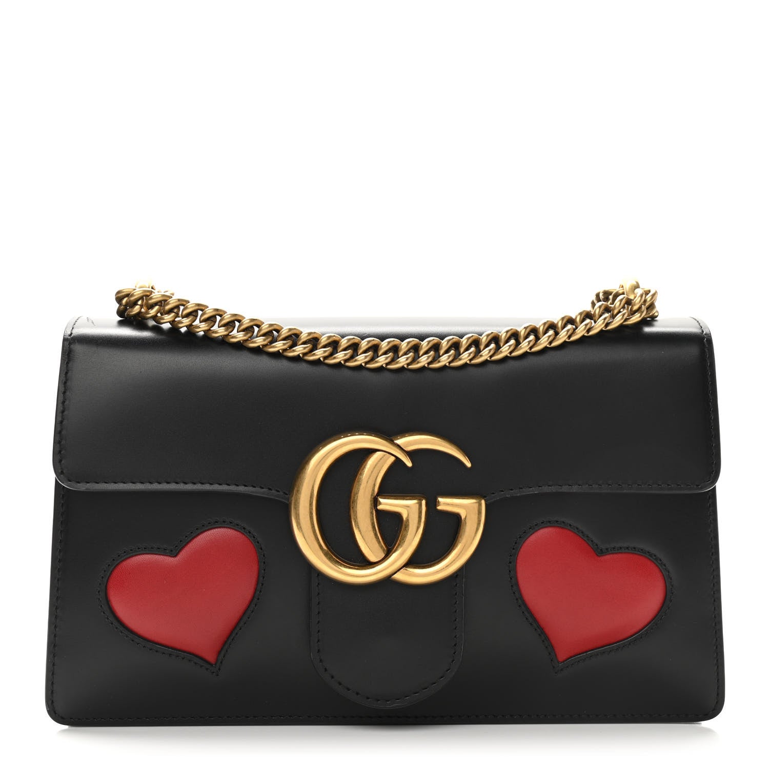 Gucci Knight Calfskin Malaga Kid Heart Medium GG Marmont Chain Handle Bag Black Hibiscus Red Multicolor 1 of 11