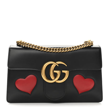 Gucci Knight Calfskin Malaga Kid Heart Medium GG Marmont Chain Handle Bag Black Hibiscus Red Multicolor 1 of 11