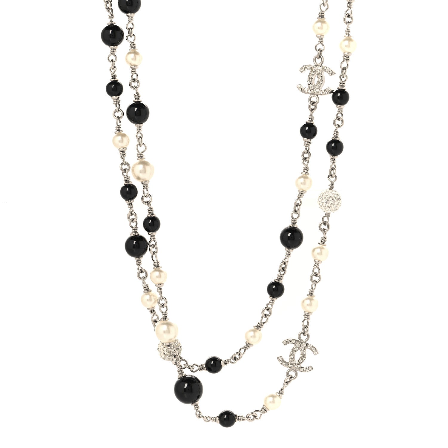 Chanel Pearl Crystal Bead CC Long Necklace Black Silver 1 of 5