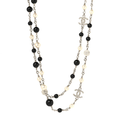 Chanel Pearl Crystal Bead CC Long Necklace Black Silver 1 of 5