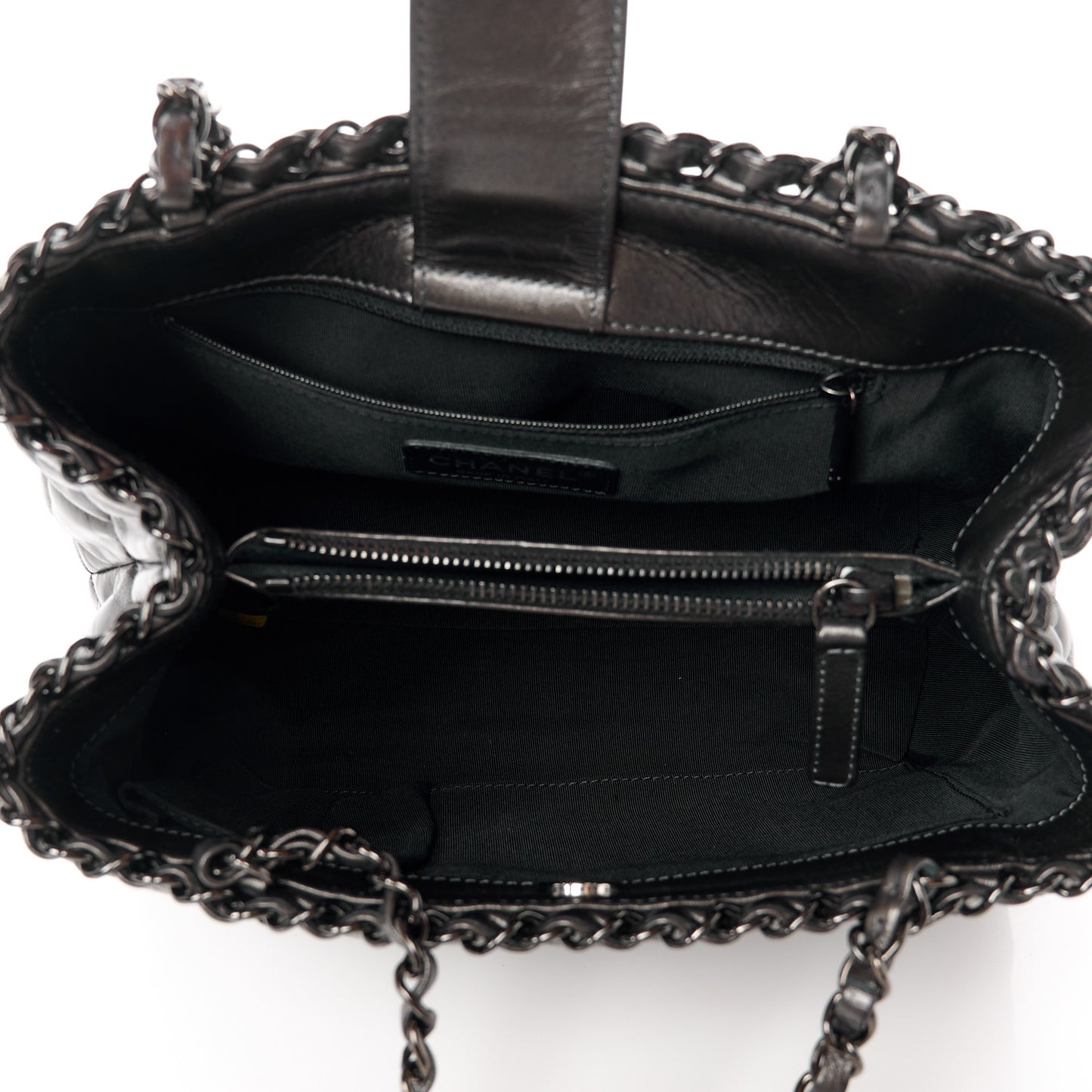 Metallic Aged Calfskin Quilted Small Chain Me Tote Silver
