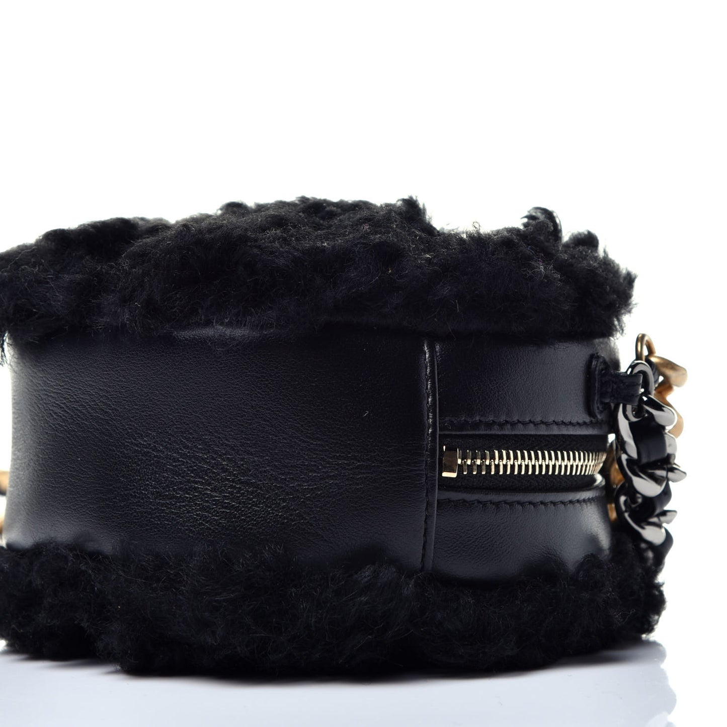 Shearling Sheepskin Chanel 19 Round Clutch With Chain Black