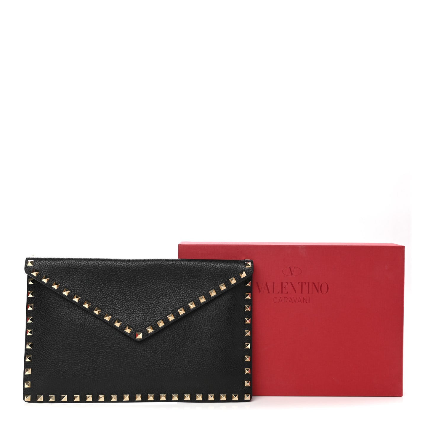 Pebbled Calfskin Large Rockstud Envelope Clutch Black
