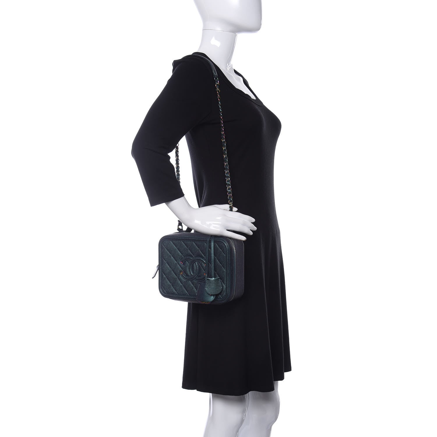 Chanel Iridescent Caviar Quilted Medium CC Filigree Vanity Case Dark Turquoise 2 of 10