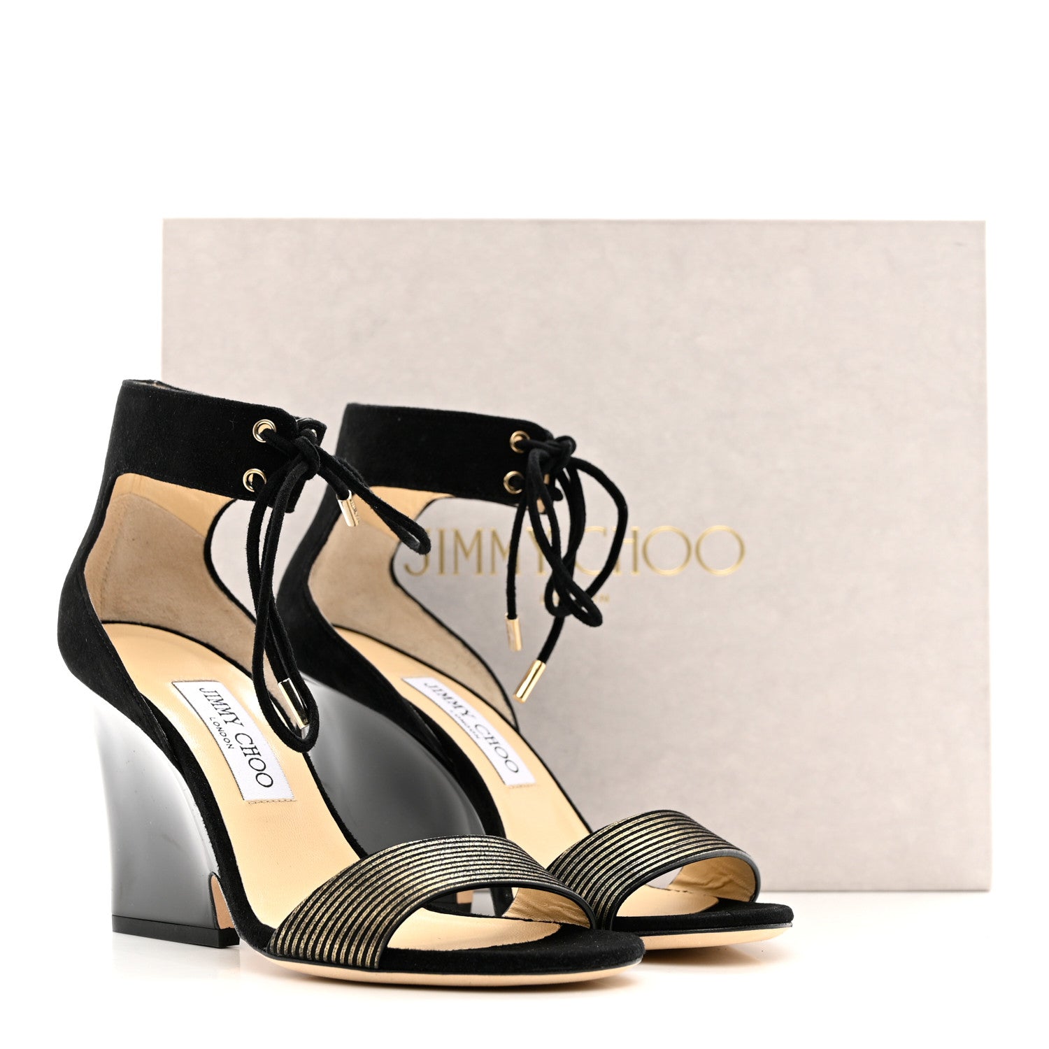 Jimmy Choo Suede Metallic Striped Morena 90 Wedge Sandals 37 Black Gold 8 of 8