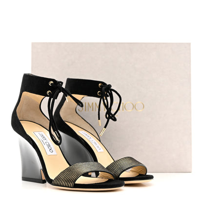 Jimmy Choo Suede Metallic Striped Morena 90 Wedge Sandals 37 Black Gold 8 of 8