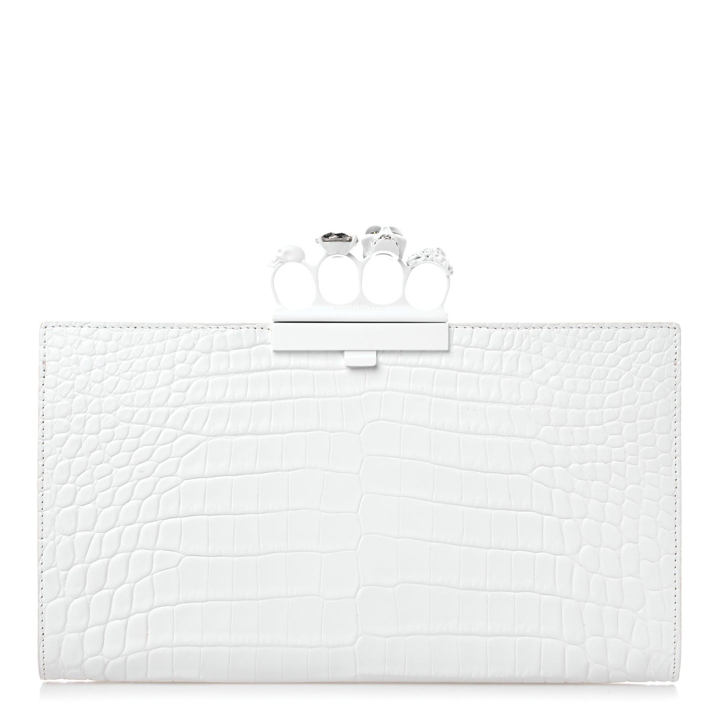 Calfskin Crocodile Embossed Knuckle Flat Clutch White