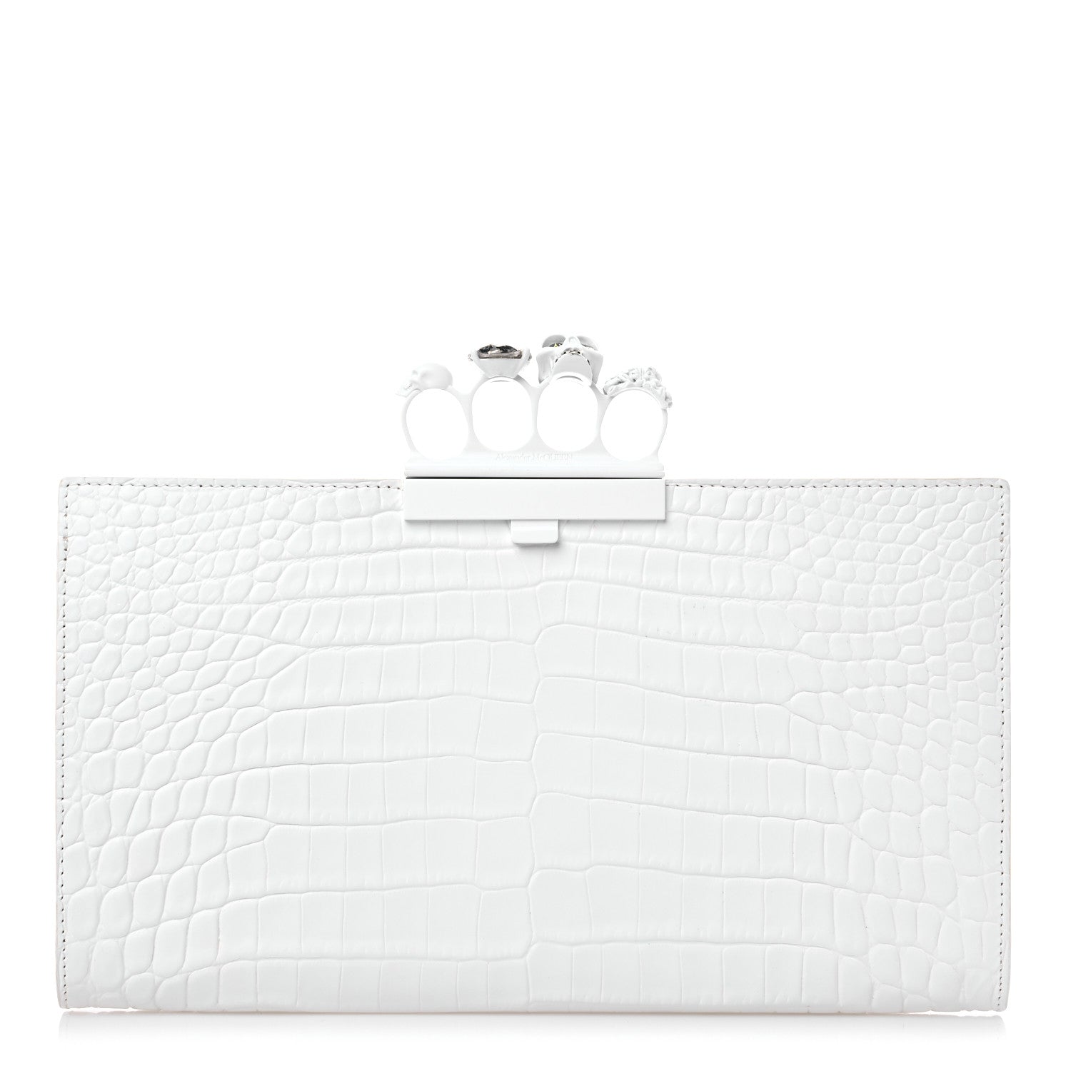 Alexander McQueen Calfskin Crocodile Embossed Knuckle Flat Clutch White 1 of 10