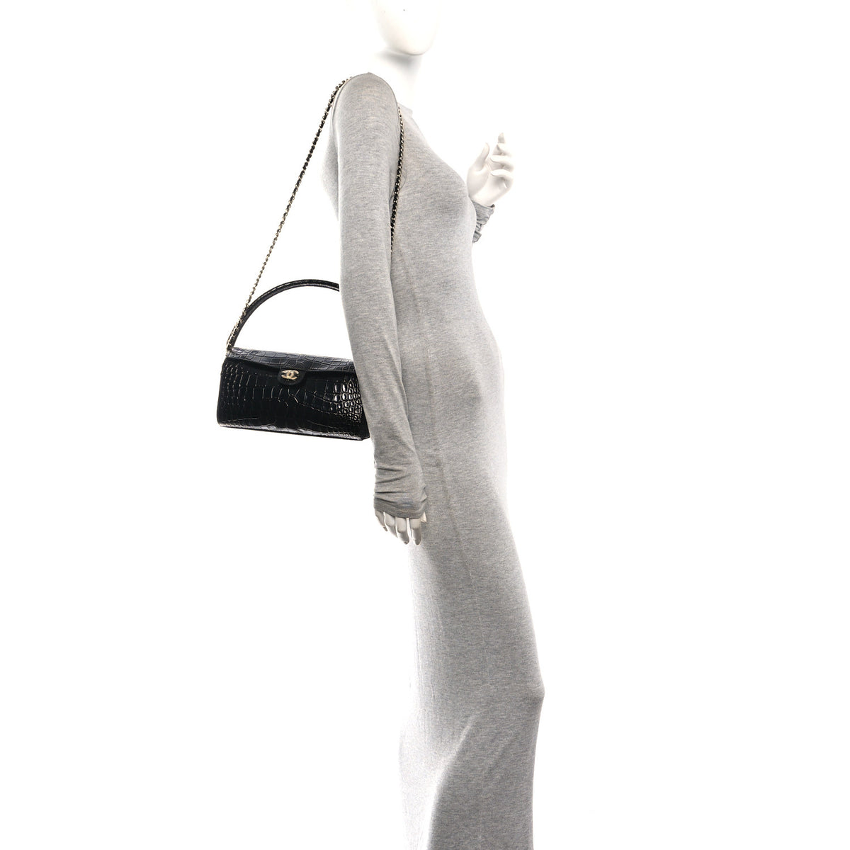 Chanel Calfskin Crocodile Embossed Turn Around Clutch With Chain Black 2 of 11