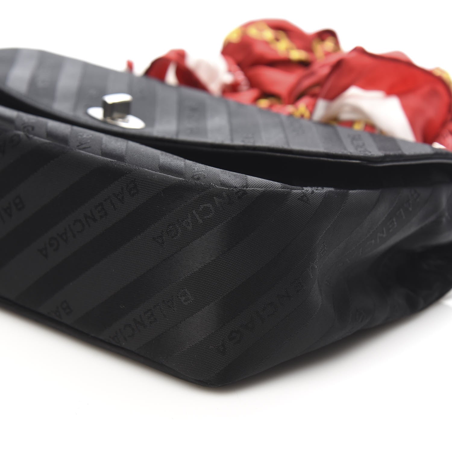Balenciaga Nylon Jacquard Diagonal Logo Medium Scarf Lock Chain Shoulder Bag Black Red 8 of 9