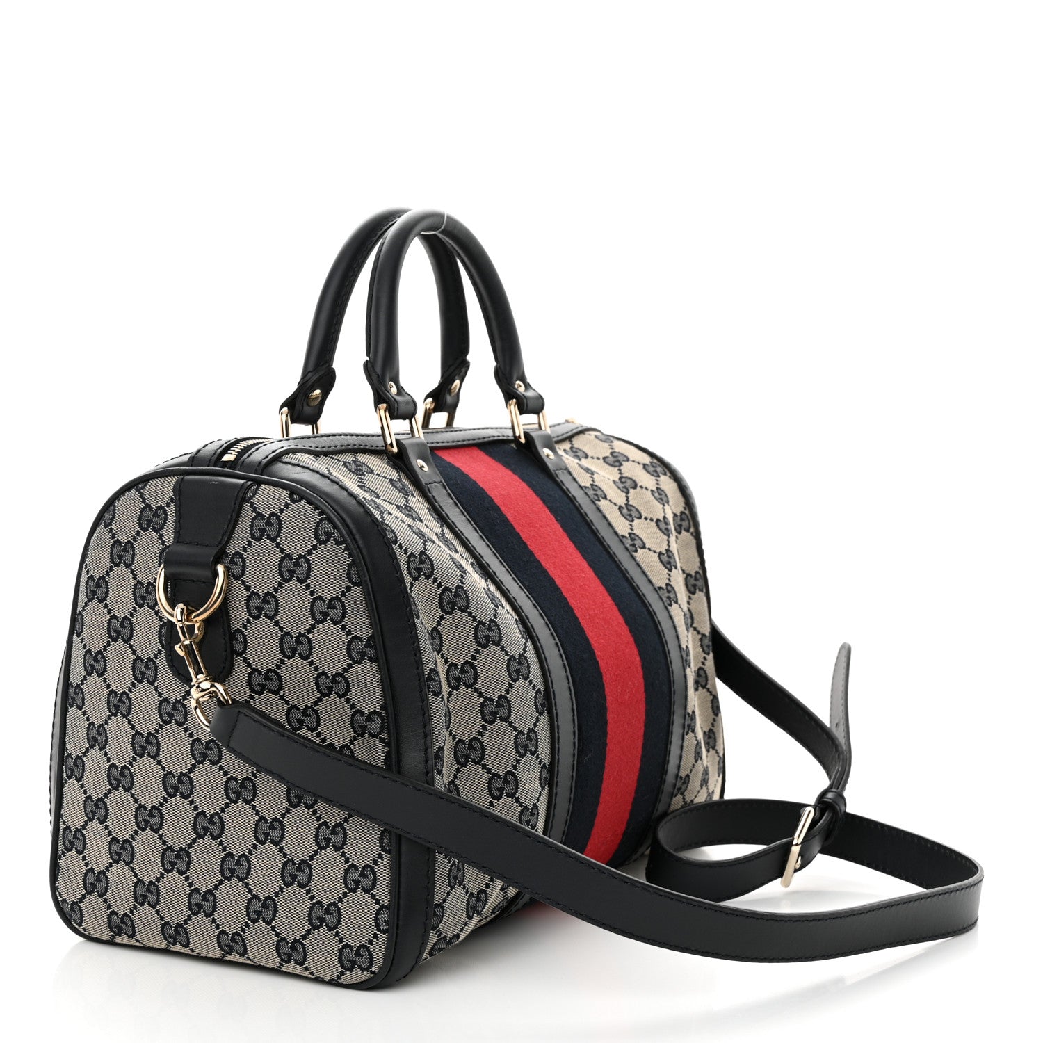 Gucci Monogram Selleria Calfskin Vintage Web Medium Boston Beige Blue 4 of 11