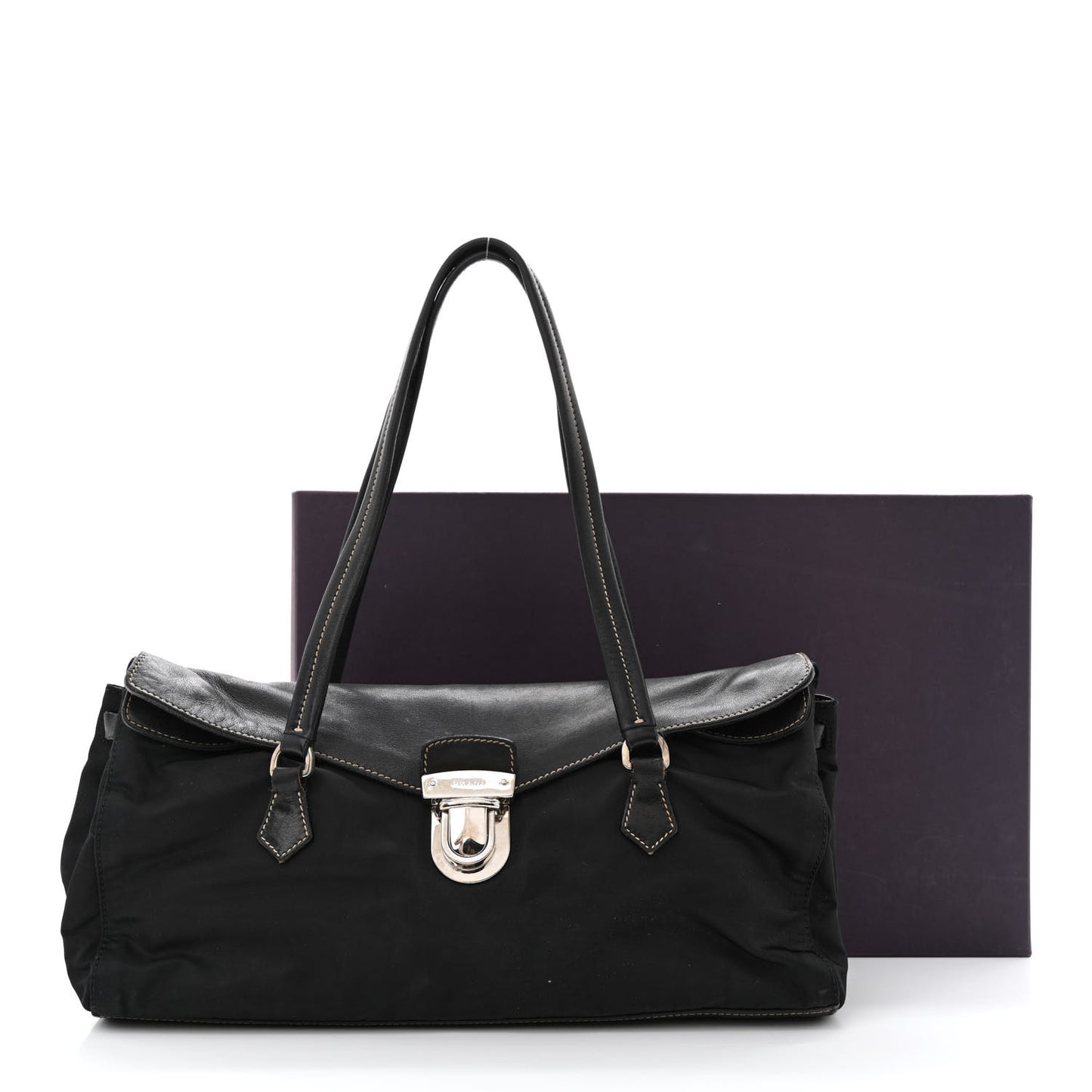 Tessuto Nylon Vitello Foldover Pushlock Satchel Black