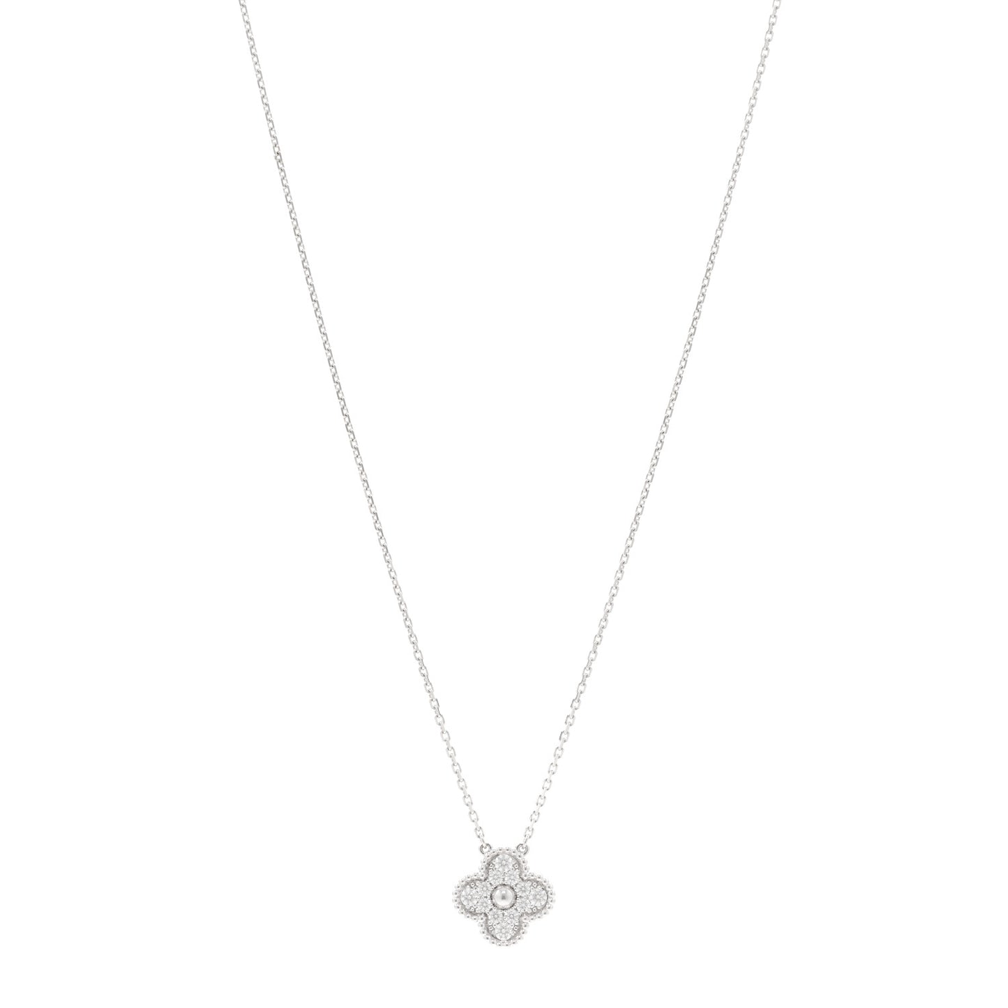 18K White Gold Diamond Vintage Alhambra Pendant Necklace