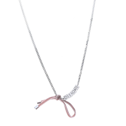 Christian Dior Velvet Bow Block Letter Necklace Silver Pink 1 of 5