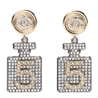 Chanel Crystal CC No 5 Perfume Bottle Drop Earrings Gold Silver 1 of 4