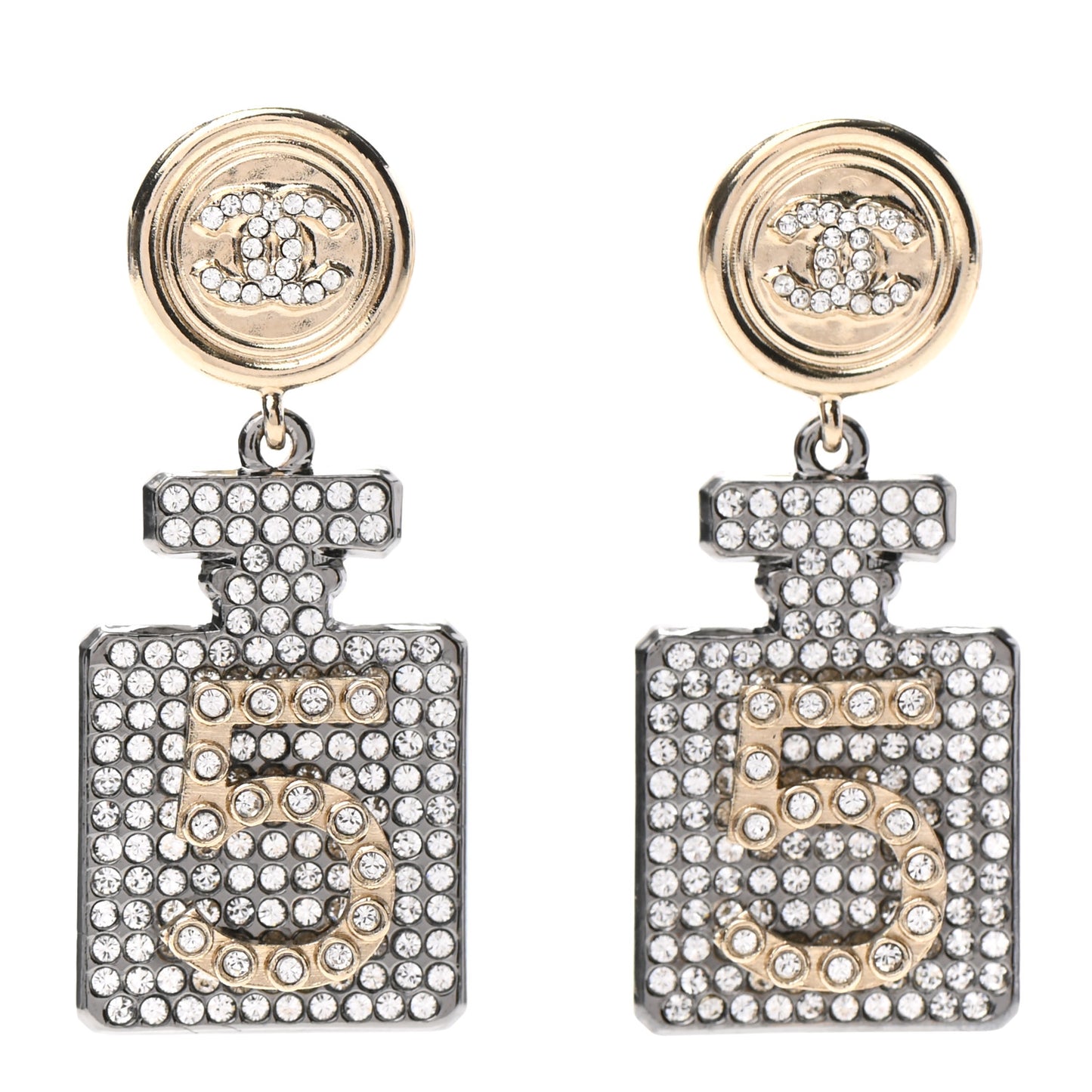 Crystal CC No 5 Perfume Bottle Drop Earrings Gold Silver