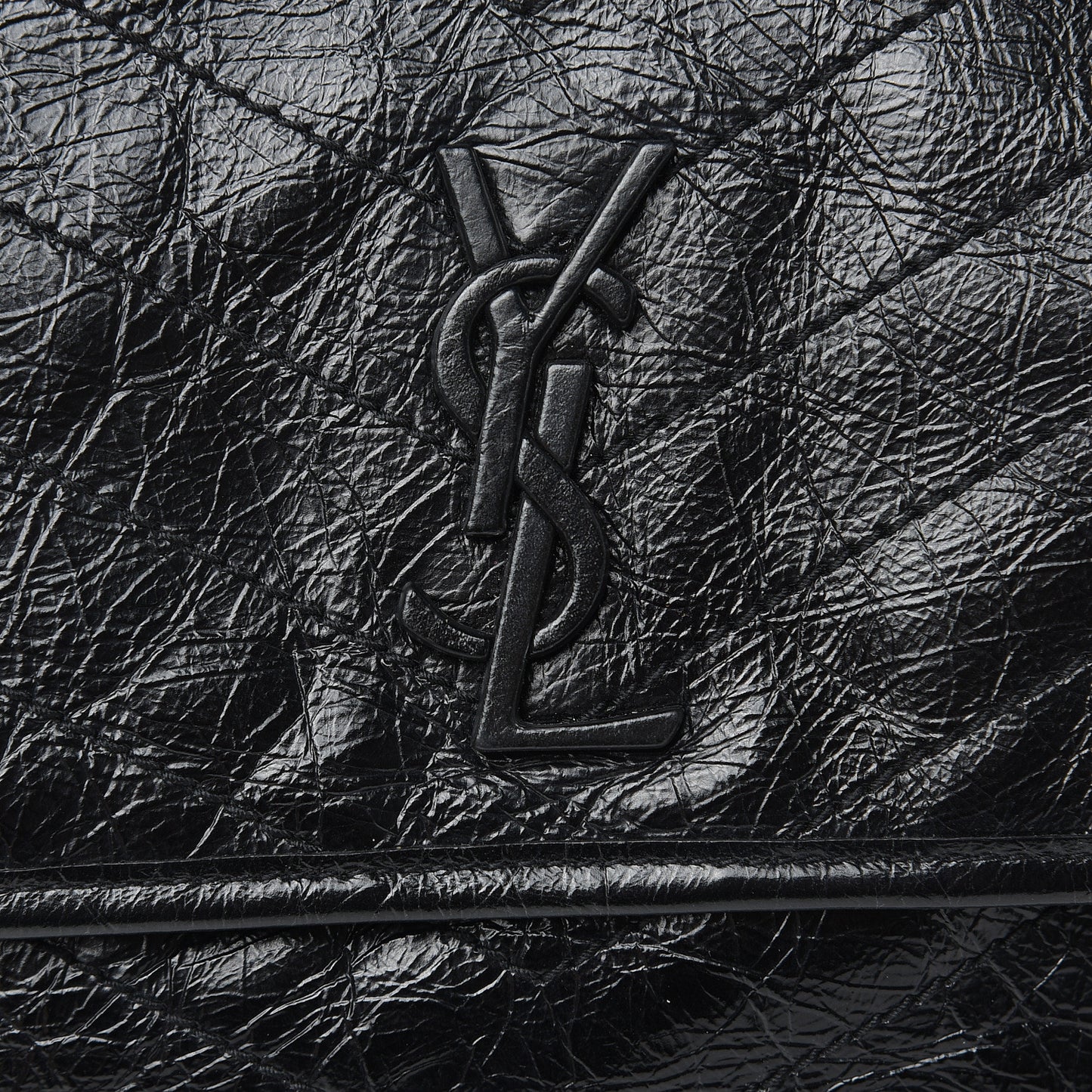 Crinkled Calfskin Matelasse Monogram Medium Niki Chain Satchel Black