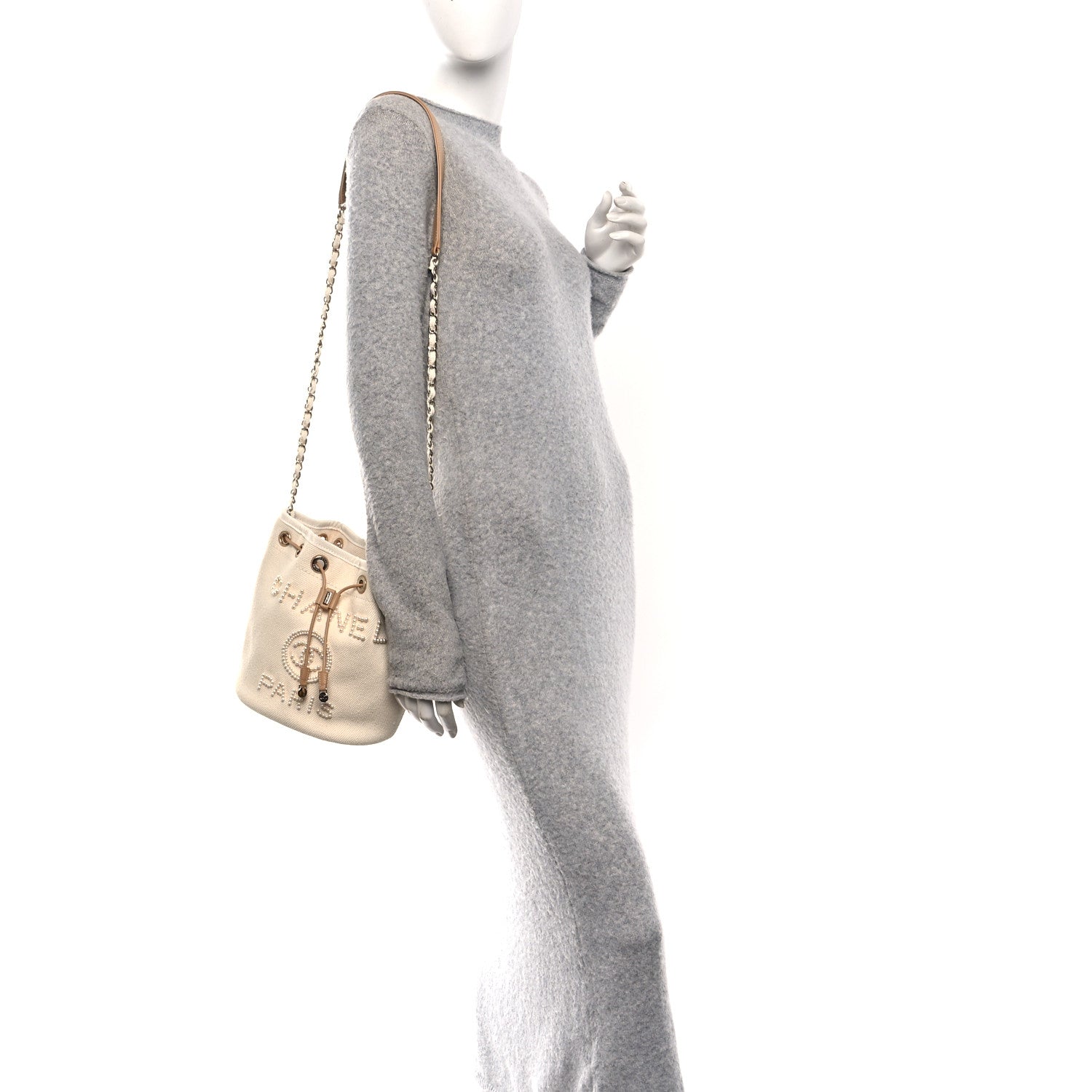 Chanel Canvas Pearl Deauville Drawstring Bucket Bag Ecru Beige 2 of 10