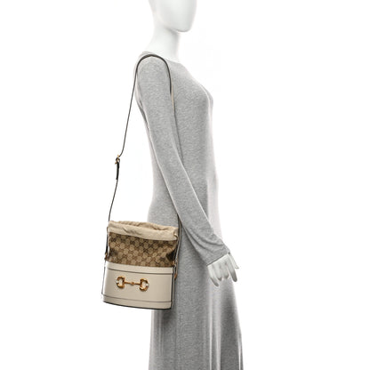 Gucci Monogram Textured Calfskin Horsebit 1955 Drawstring Bucket Bag Beige Mystic White 2 of 11