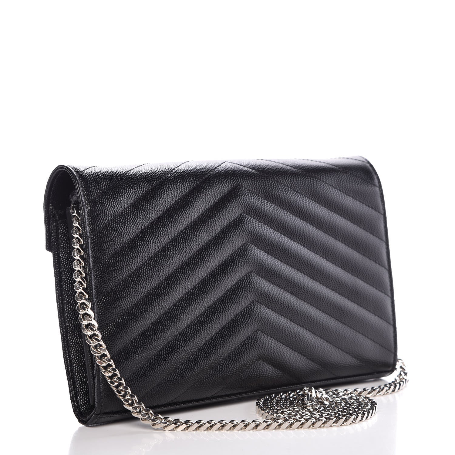 Saint Laurent Grain De Poudre Matelasse Chevron Medium Monogram Chain Wallet Black 3 of 12