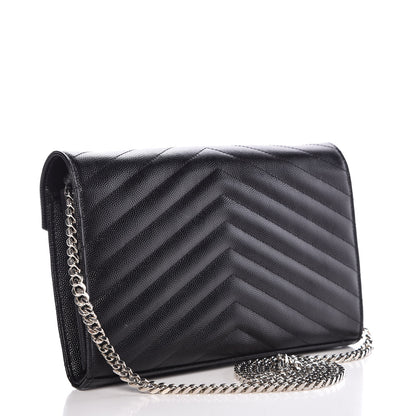 Saint Laurent Grain De Poudre Matelasse Chevron Medium Monogram Chain Wallet Black 3 of 12