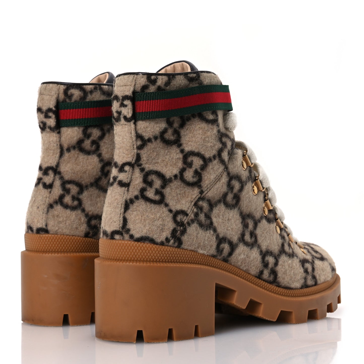 Covered Wool Big GG Monogram Womens Lace Up Combat Ankle Boots 38 Beige Ebony Cocoa