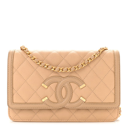 Chanel Caviar Quilted CC Filigree Wallet On Chain WOC Beige 1 of 13