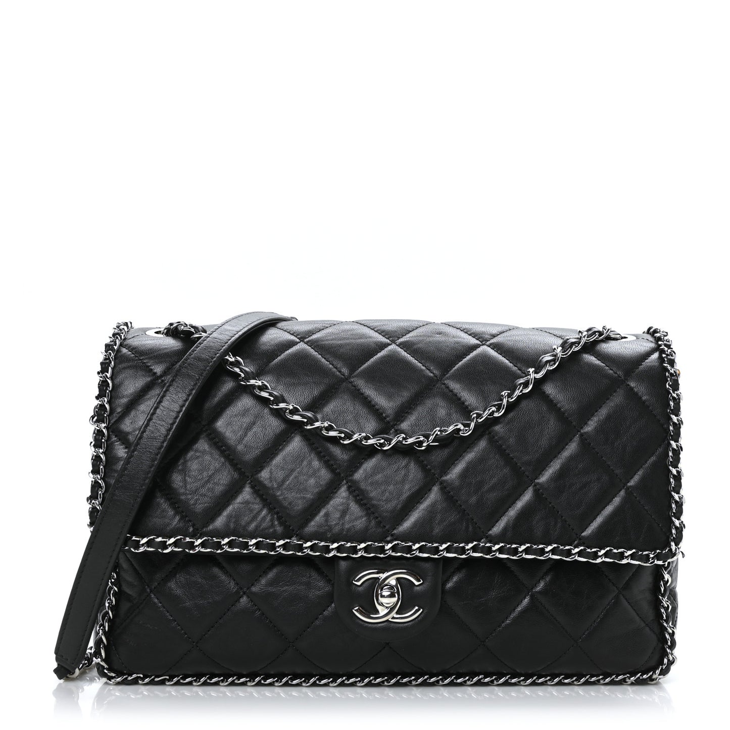 Crumpled Calfskin Quilted Large Chain All Over Flap Bag Black