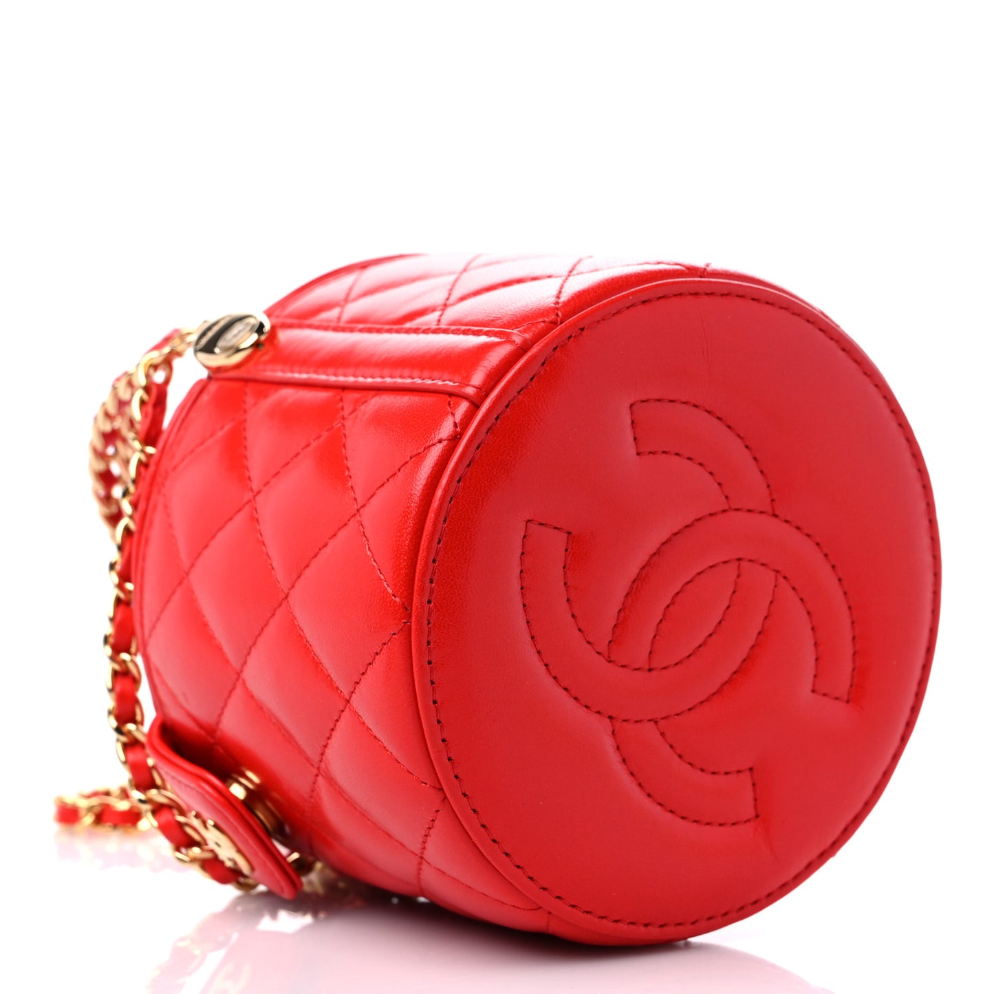 Patent Calfskin Quilted Top Handle Vanity With Chain Red