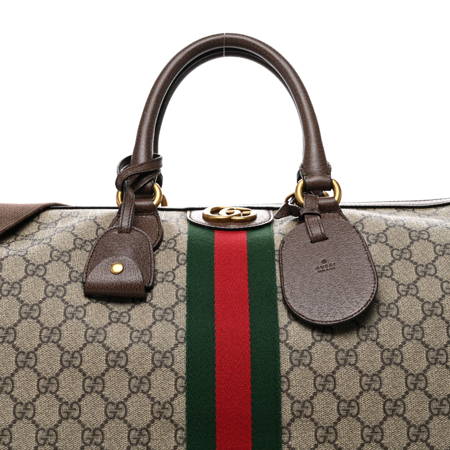 GG Supreme Monogram Textured Dollar Calfskin Web Medium Ophidia Carry-On Duffle Bag Beige Ebony New Acero