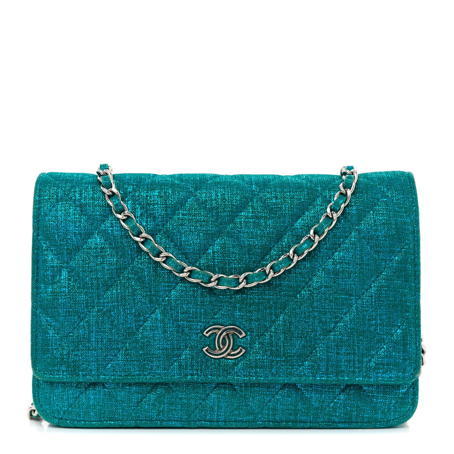 Metallic Iridescent Calfskin Wallet On Chain WOC Turquoise