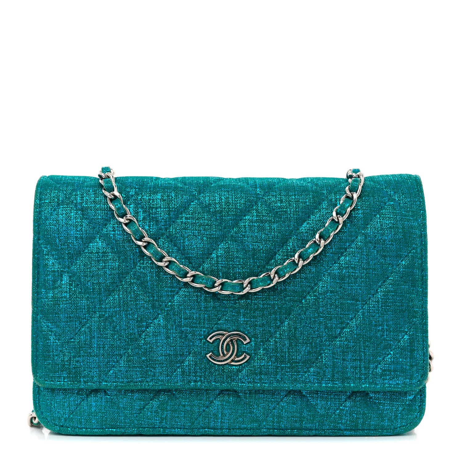 Chanel Metallic Iridescent Calfskin Wallet On Chain WOC Turquoise 1 of 13