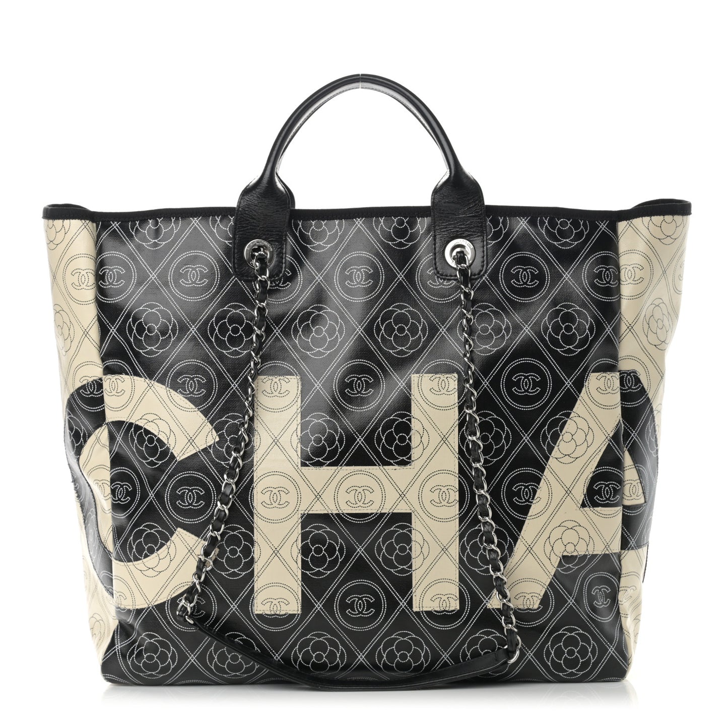 Coated Canvas Camellia Medium Shopping Tote Black Beige