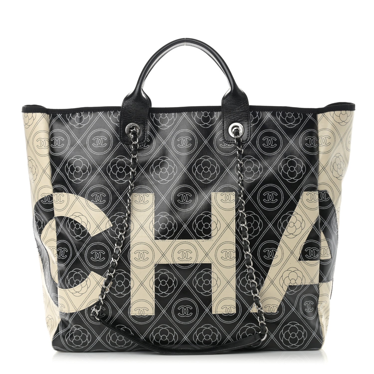 Chanel Coated Canvas Camellia Medium Shopping Tote Black Beige 1 of 12