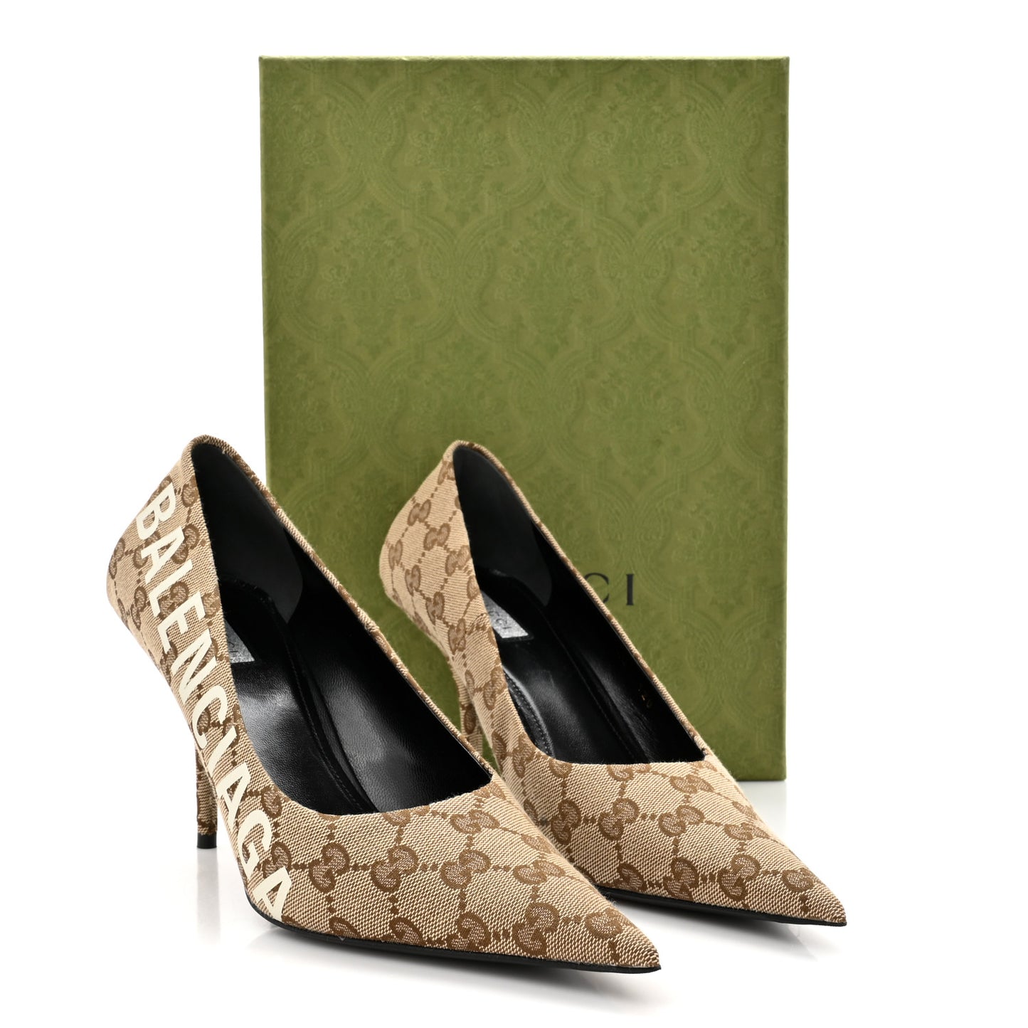 X GUCCI GG Monogram Square Knife 80mm Pumps 40 Beige Ebony