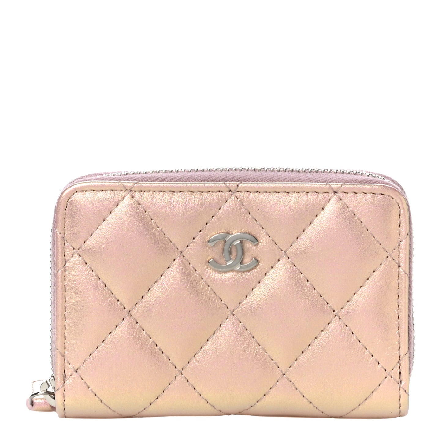 Iridescent Calfskin Quilted Zip Coin Purse Wallet Pink