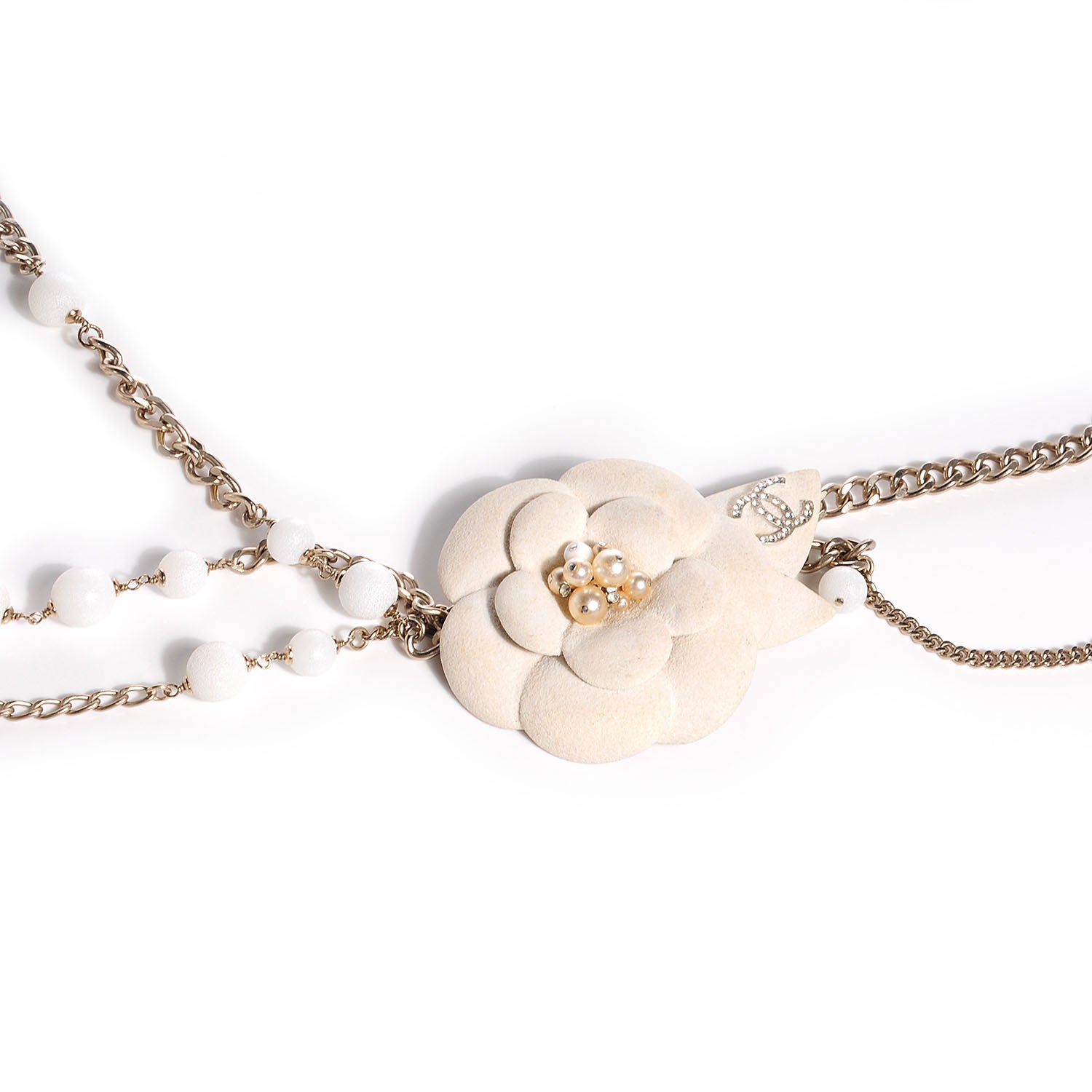 Chanel Pearl Crystal Beaded Camellia Chain Belt Gold White 3 of 6