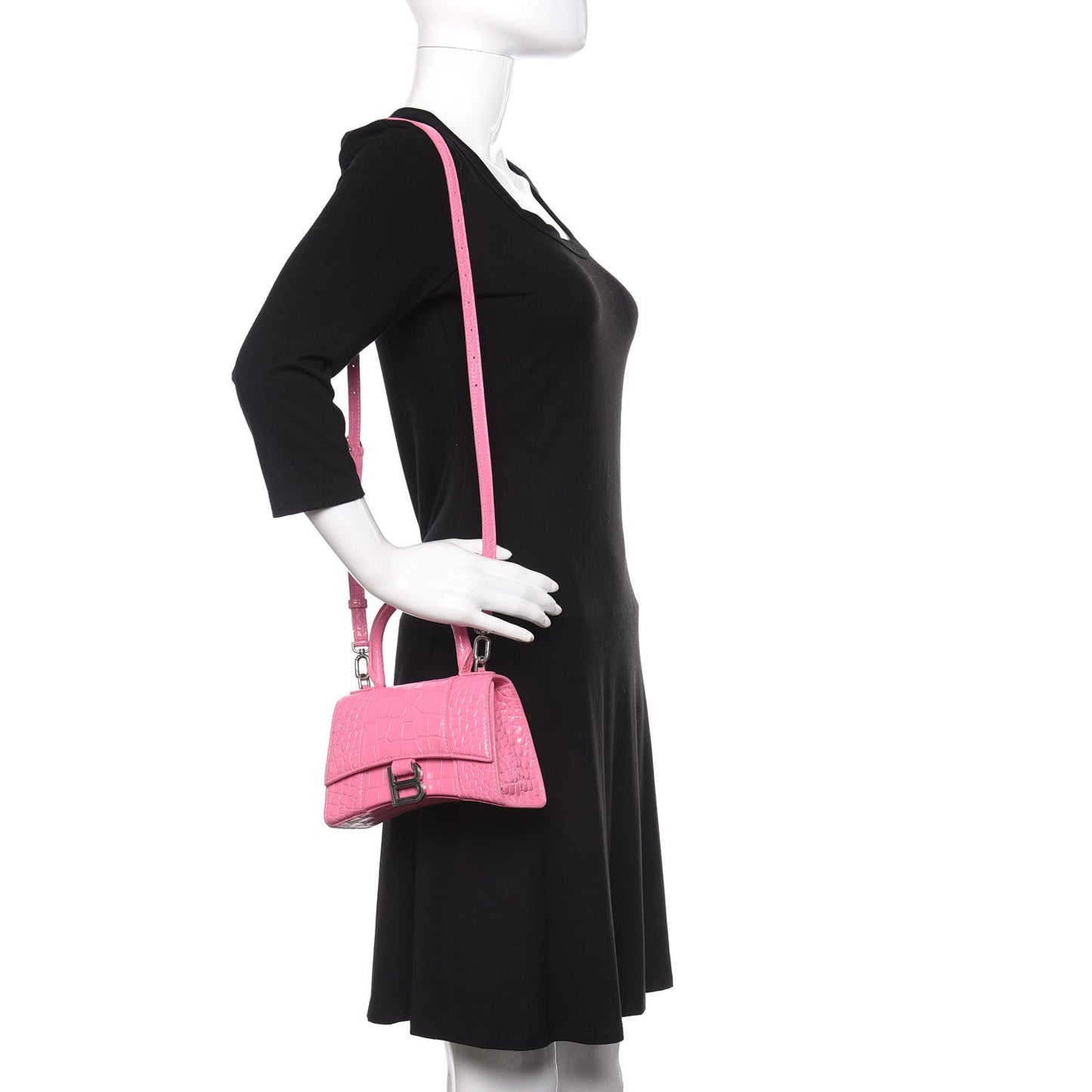 Shiny Calfskin Crocodile Embossed Hourglass Top Handle Bag XS Baby Pink