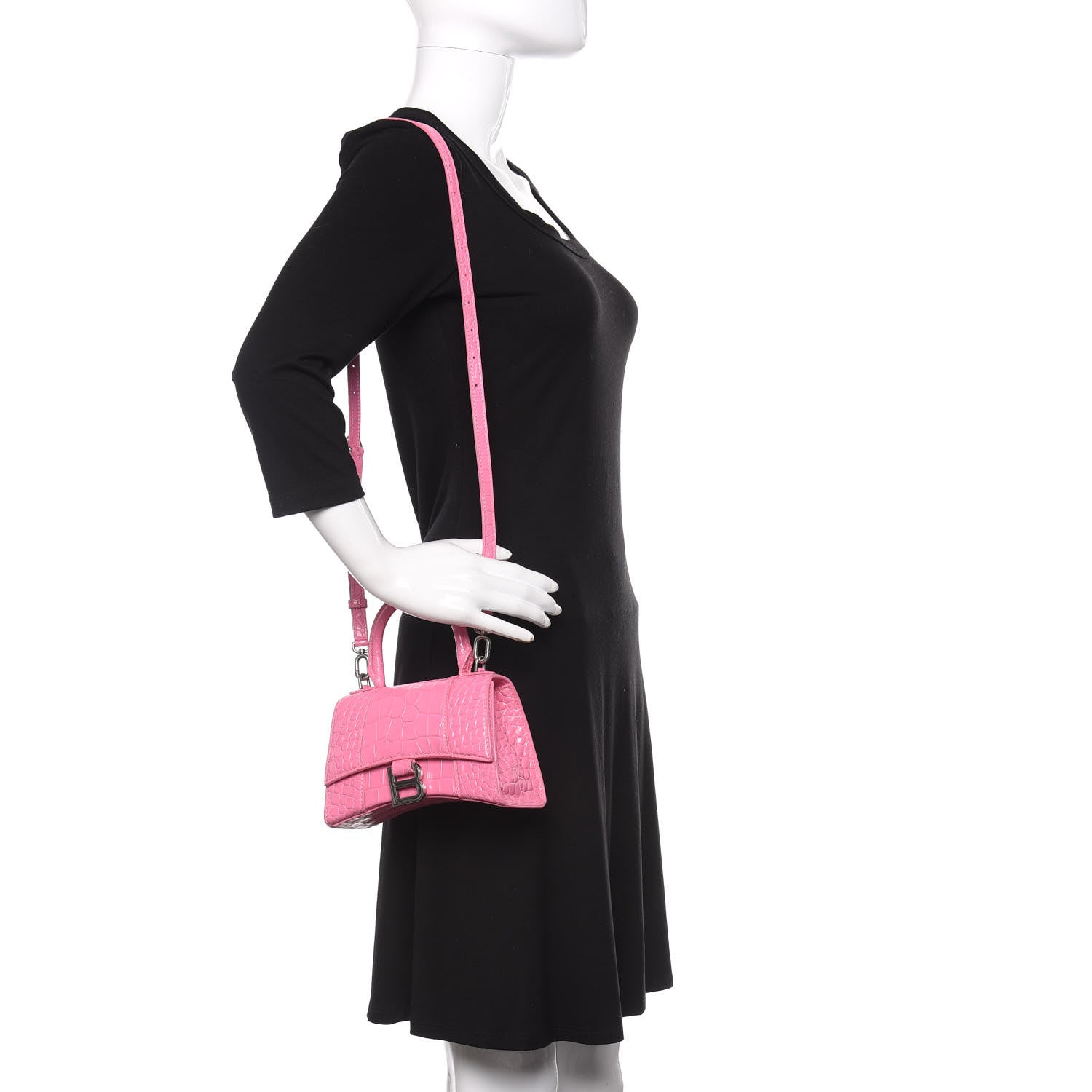 Balenciaga Shiny Calfskin Crocodile Embossed Hourglass Top Handle Bag XS Baby Pink 2 of 9