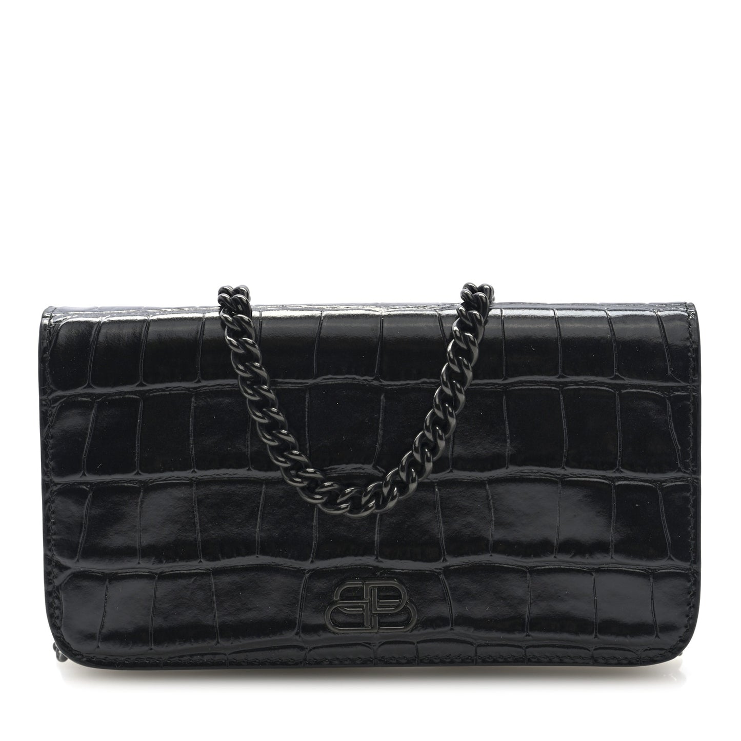 Shiny Calfskin Crocodile Embossed BB Phone Holder Wallet On Chain Black